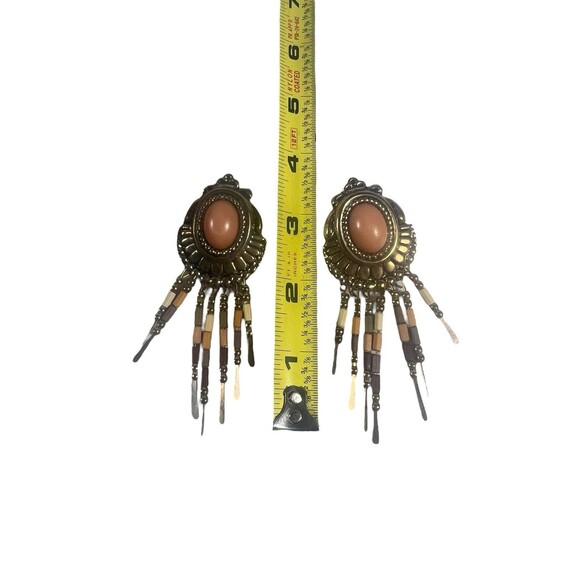 Vintage Bohemian Teardrop Dangle Earrings 4.75” Pierced Gold Tone Beaded Tassel - Picture 4 of 8